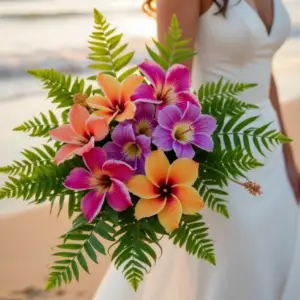 Vibrant tropical bridal bouquet featuring bold colours, exotic blooms, and lush greenery, perfect for adding a romantic, island-inspired flair to a wedding celebration