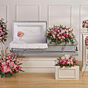 Beautiful Memories Collection featuring seven hand-made sympathy flower arrangements in soft pink tones, designed to honour cherished memories with elegant, feminine floral displays